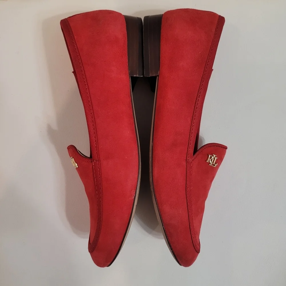 Ralph Lauren Red Suede Flats Clair Suede Smoking Slipper Size 7B/37